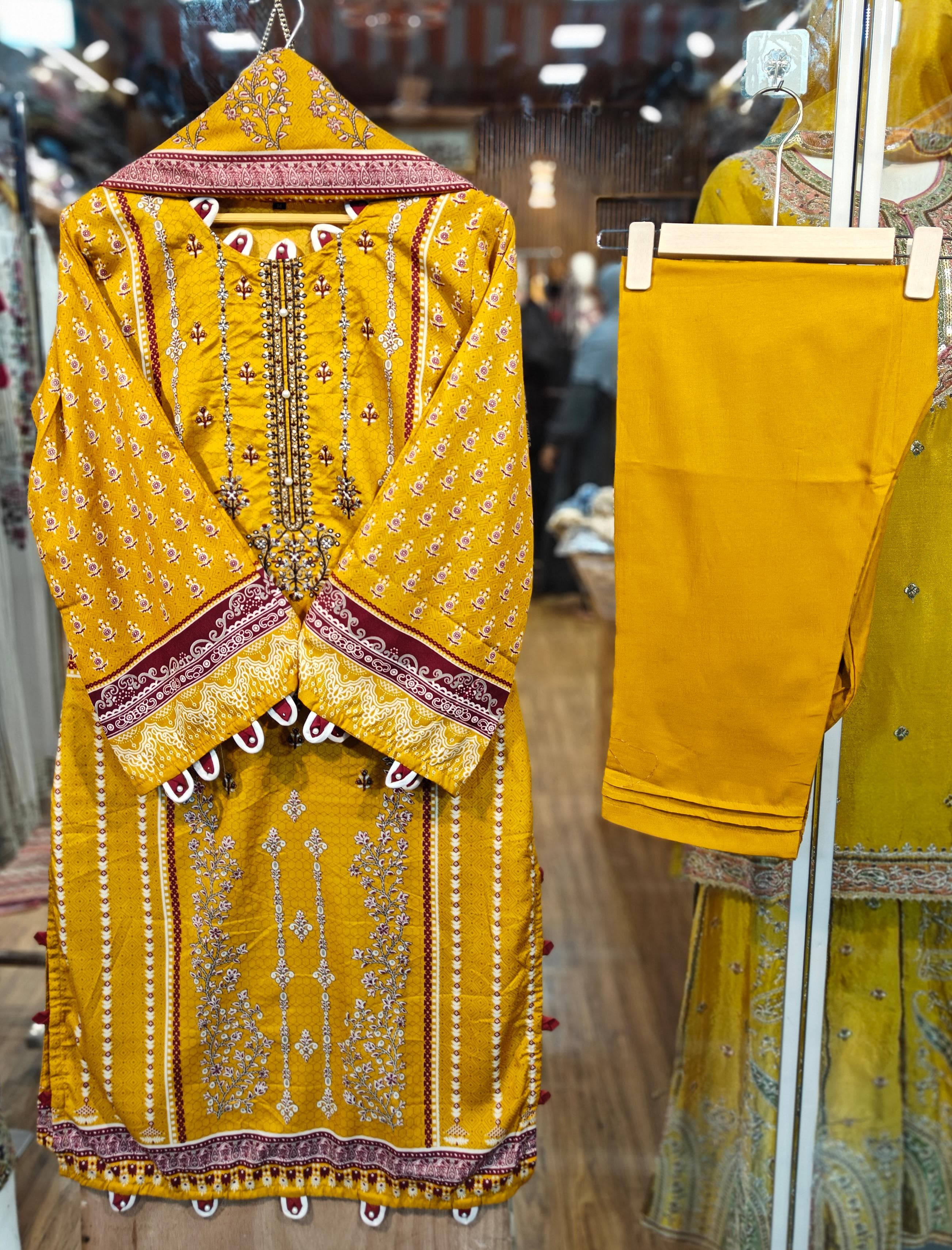 Mustard Yellow Printed Cotton Suit with Lace Detailing