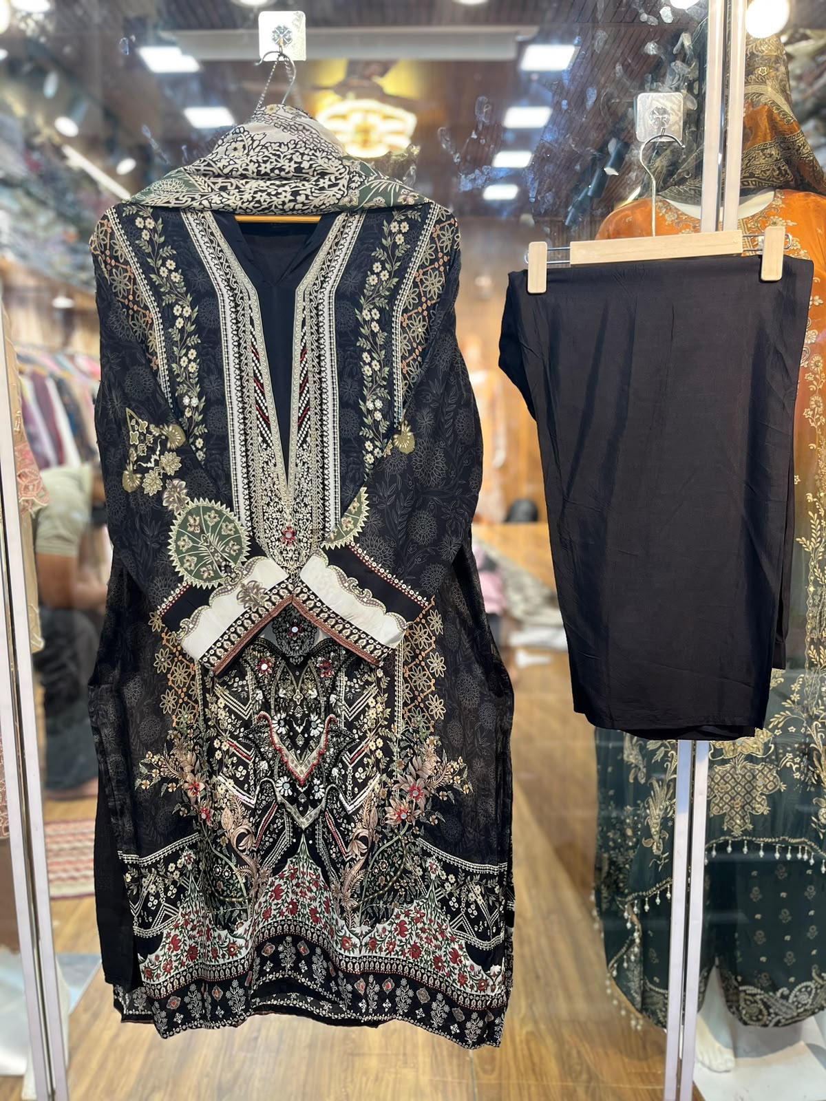 Black Floral Printed Pure Muslin 3 Piece Suit